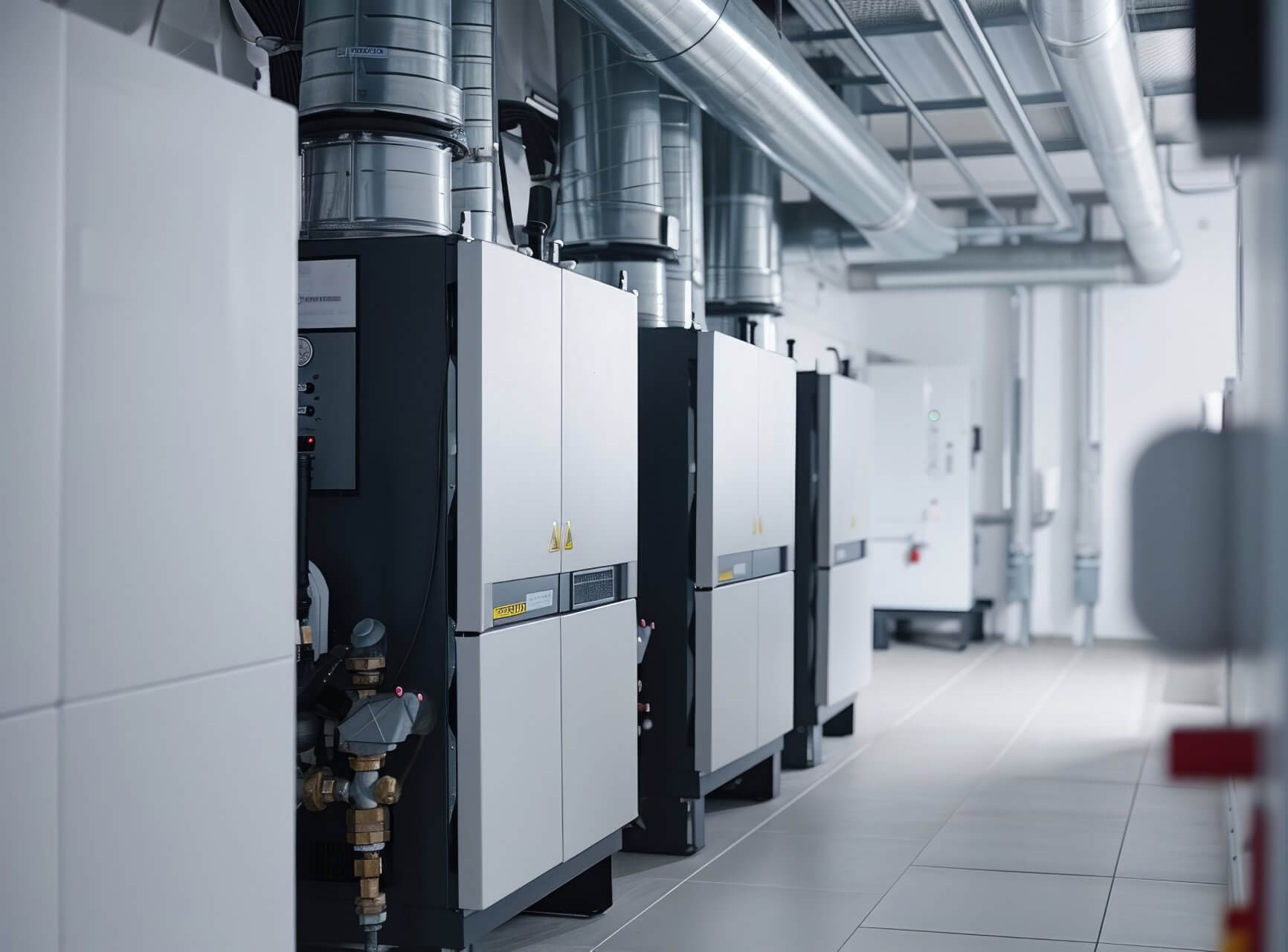 Modern gas boiler units with flue venting for boiler repair services in Wilmington, NC