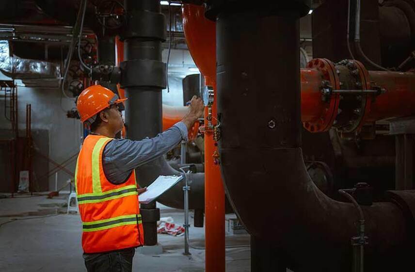 Technician inspecting chiller system piping and valves for commercial chiller service in Wilmington, NC