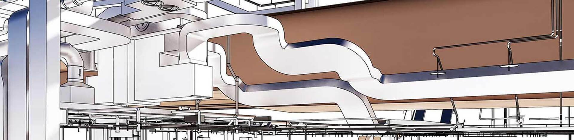 3D engineering design rendering of commercial HVAC ductwork for HVAC engineering and design services