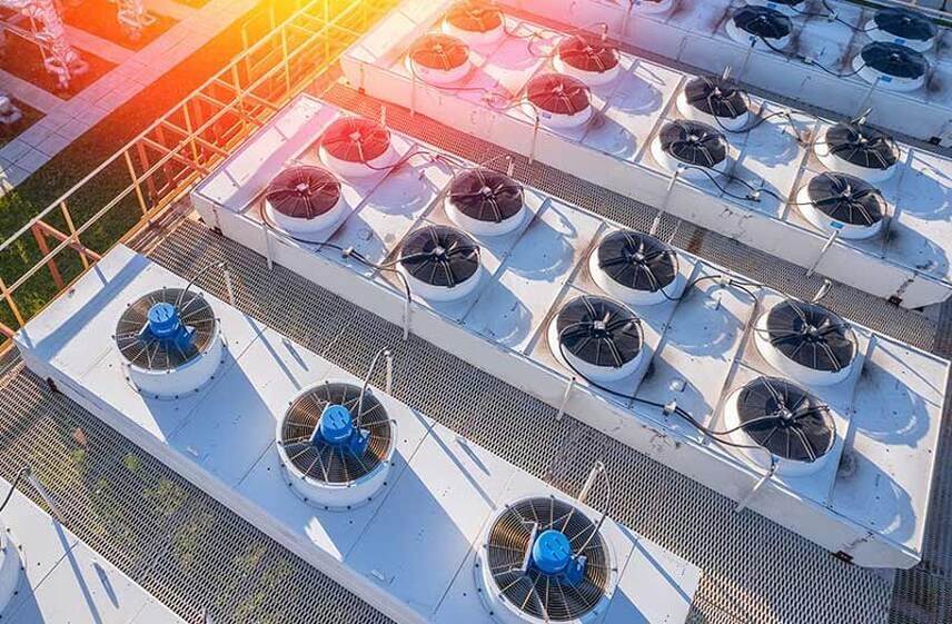 Rooftop condenser array designed and installed through HVAC engineering and design services