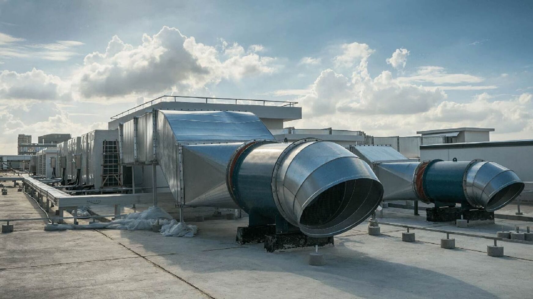 Large commercial rooftop ventilation and HVAC equipment on office building